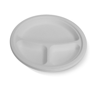 10" 3-Compartment  Sugarcane Round Plate 500/Carton