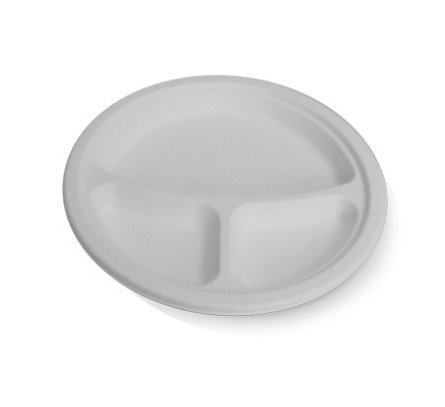 9" 3-Compartment Sugarcane Round Plate 500/Carton